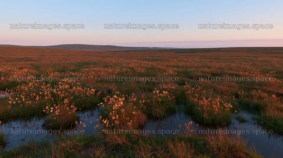 Cottongrass meadow at dusk with water reflections – nature images 10608x5938