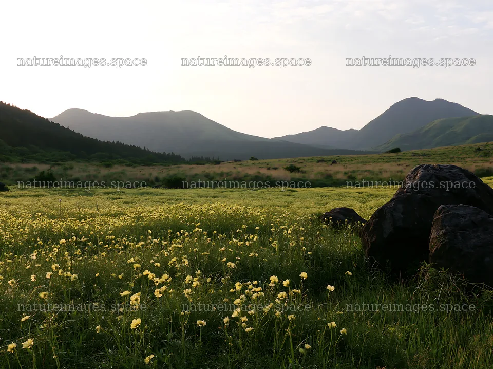 Kumamoto volcanic meadow dark rock foreground with yellow flowers – nature images 9174x6866