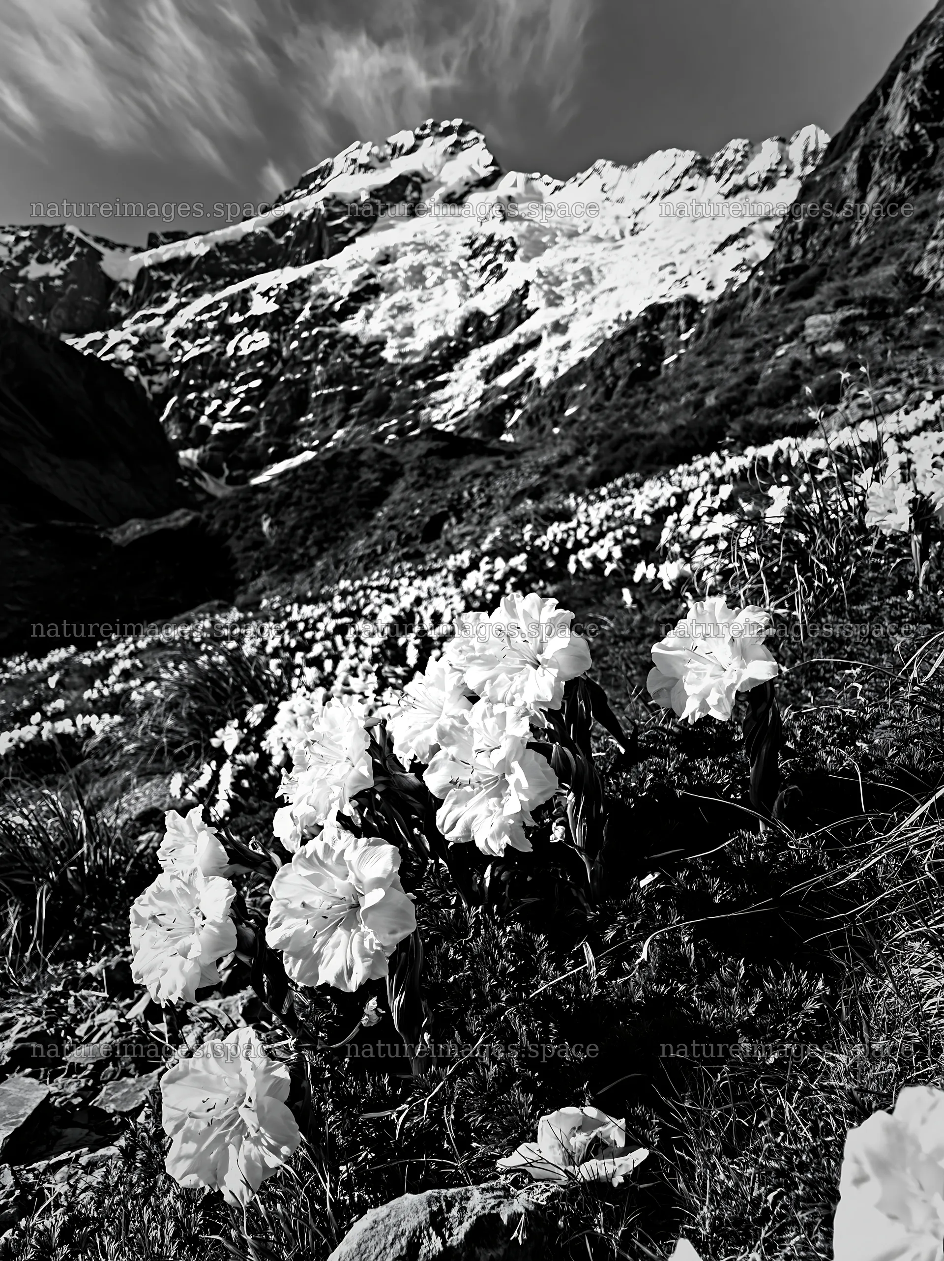 Snowline meadow with white flowers and snowy mountains – nature images 6866x9174