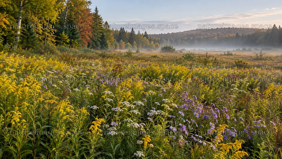 Wildflower Meadow in a Misty Forest Clearing – nature images 10324x5812