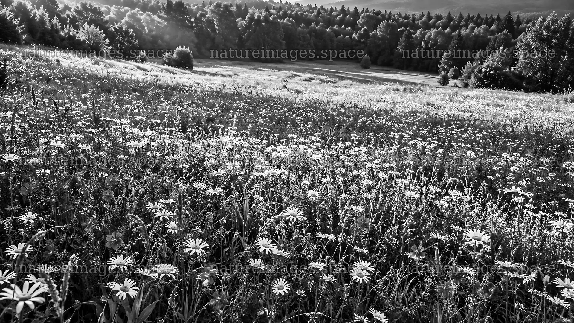 Sunbeams Across a Wildflower Forest Clearing – nature images 10324x5812