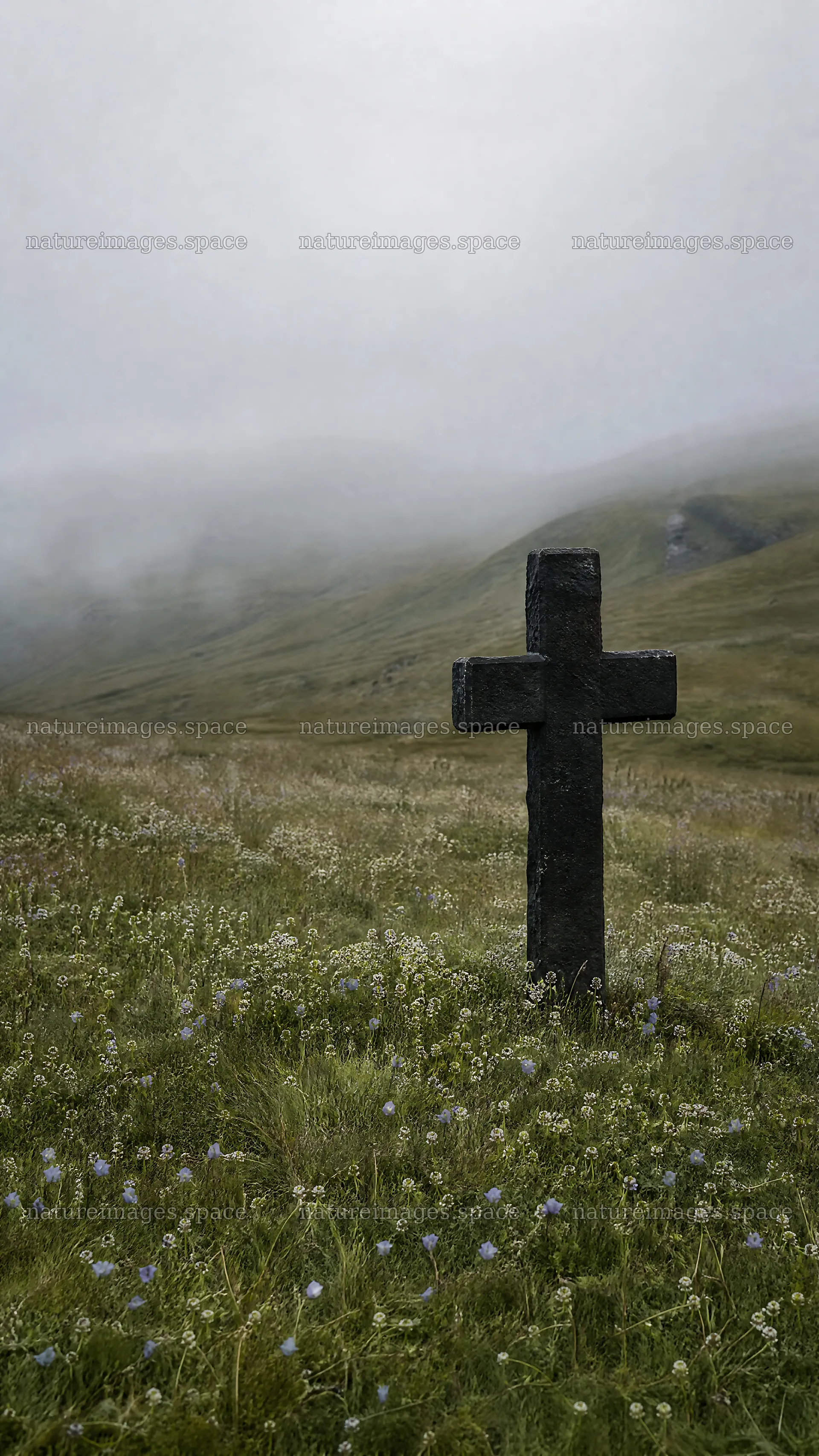 Dark Christian cross in summer meadow with fog – nature images 5952x10584