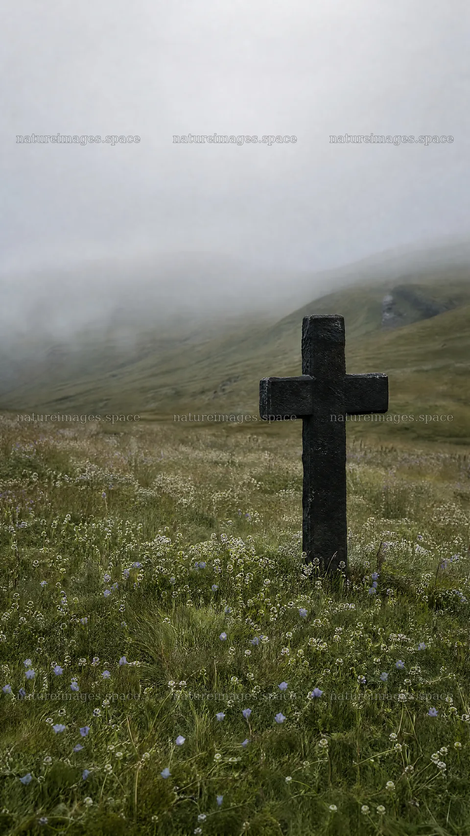Dark Christian cross in summer meadow with fog – nature images 5952x10584