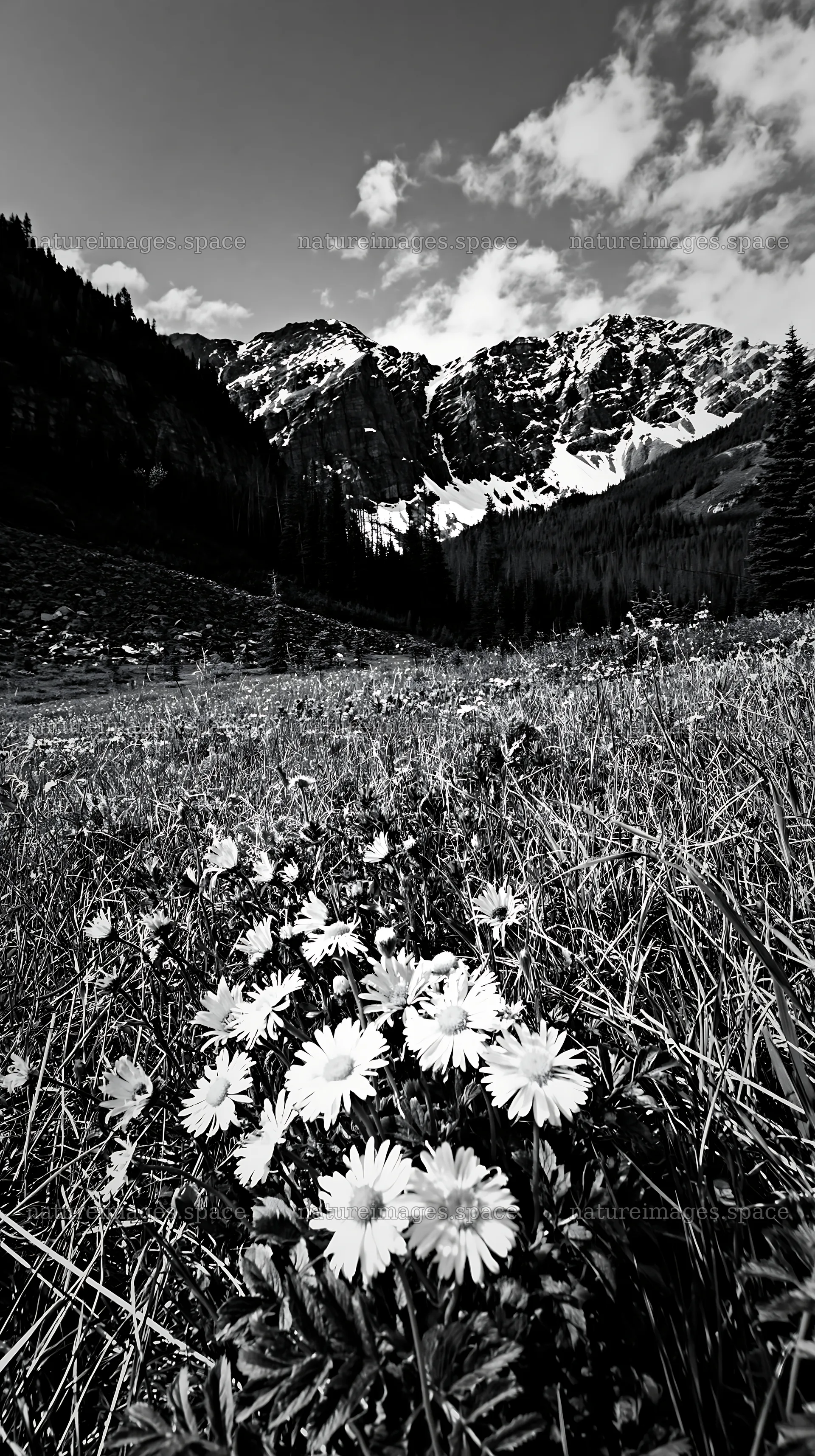 Banff meadow with flowers and snowy Rockies in background – nature images 5938x10608