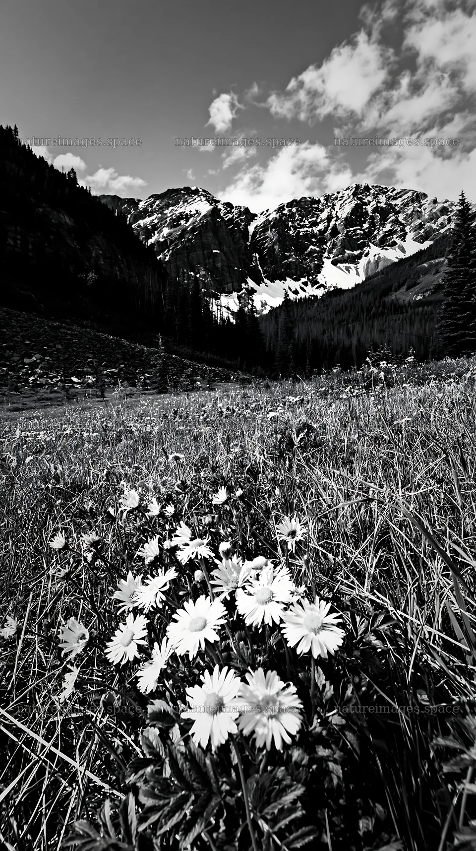 Banff meadow with flowers and snowy Rockies in background – nature images 5938x10608
