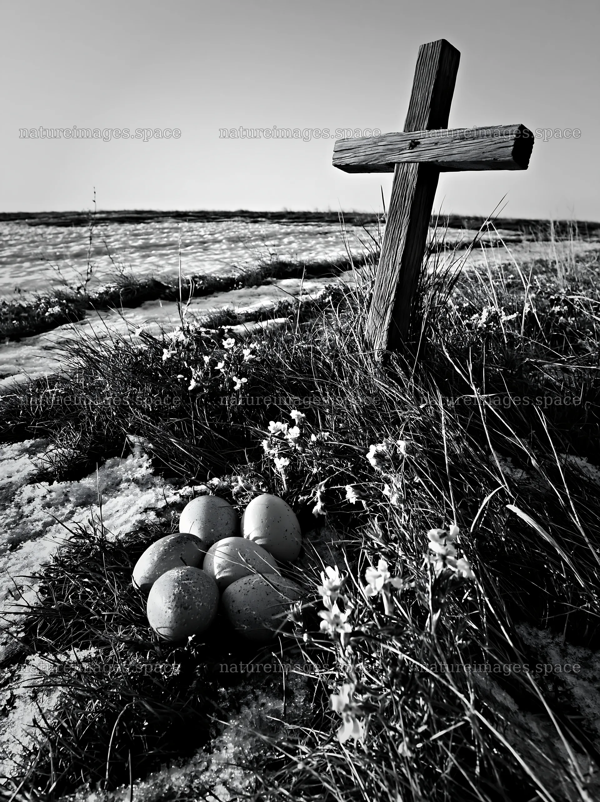 Weathered Christian cross by snowy meadow with eggs – nature images 6866x9174