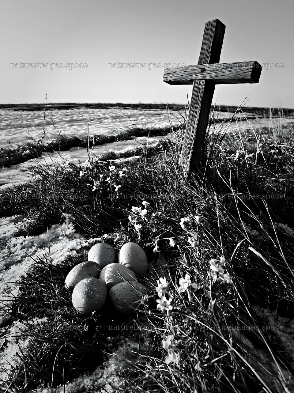 Weathered Christian cross by snowy meadow with eggs – nature images 6866x9174