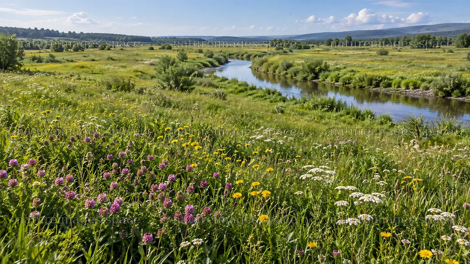 Wildflower Meadow Along a Meandering Stream – nature images 10324x5812