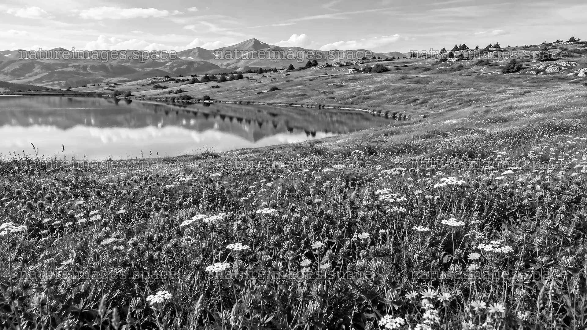 Wildflower Meadow Beside a Mountain Lake – nature images 10324x5812