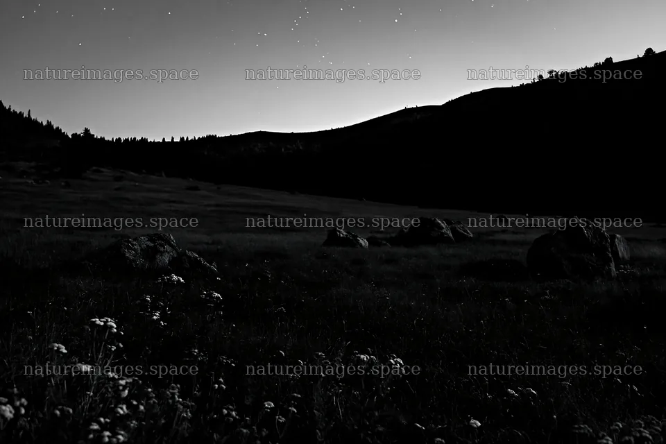 Dark sky over a meadow with rocks in the background – nature images 9722x6480