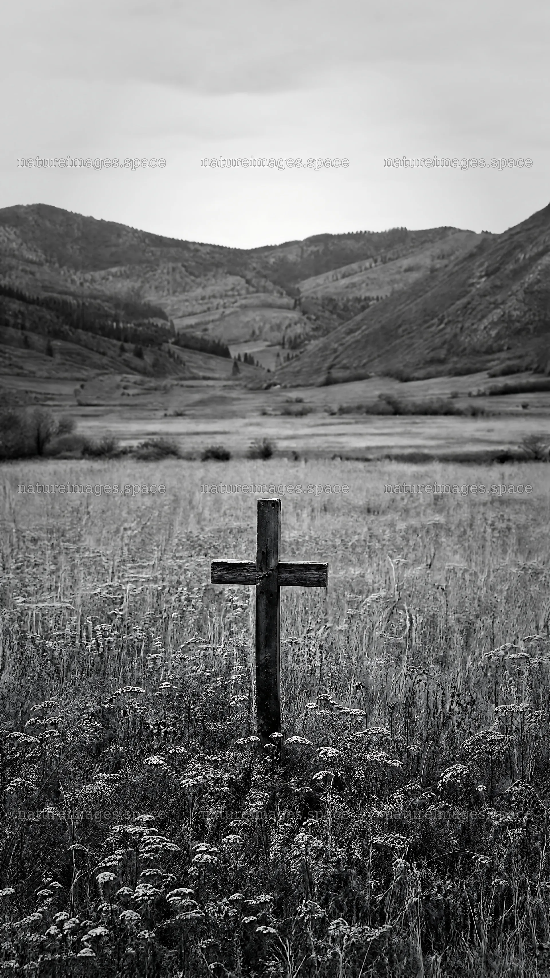 Aged Christian cross in autumn valley meadow – nature images 5952x10584