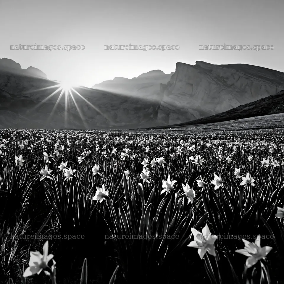 Sunrays over Picos de Europa meadow with blooming flowers – nature images 7938x7938
