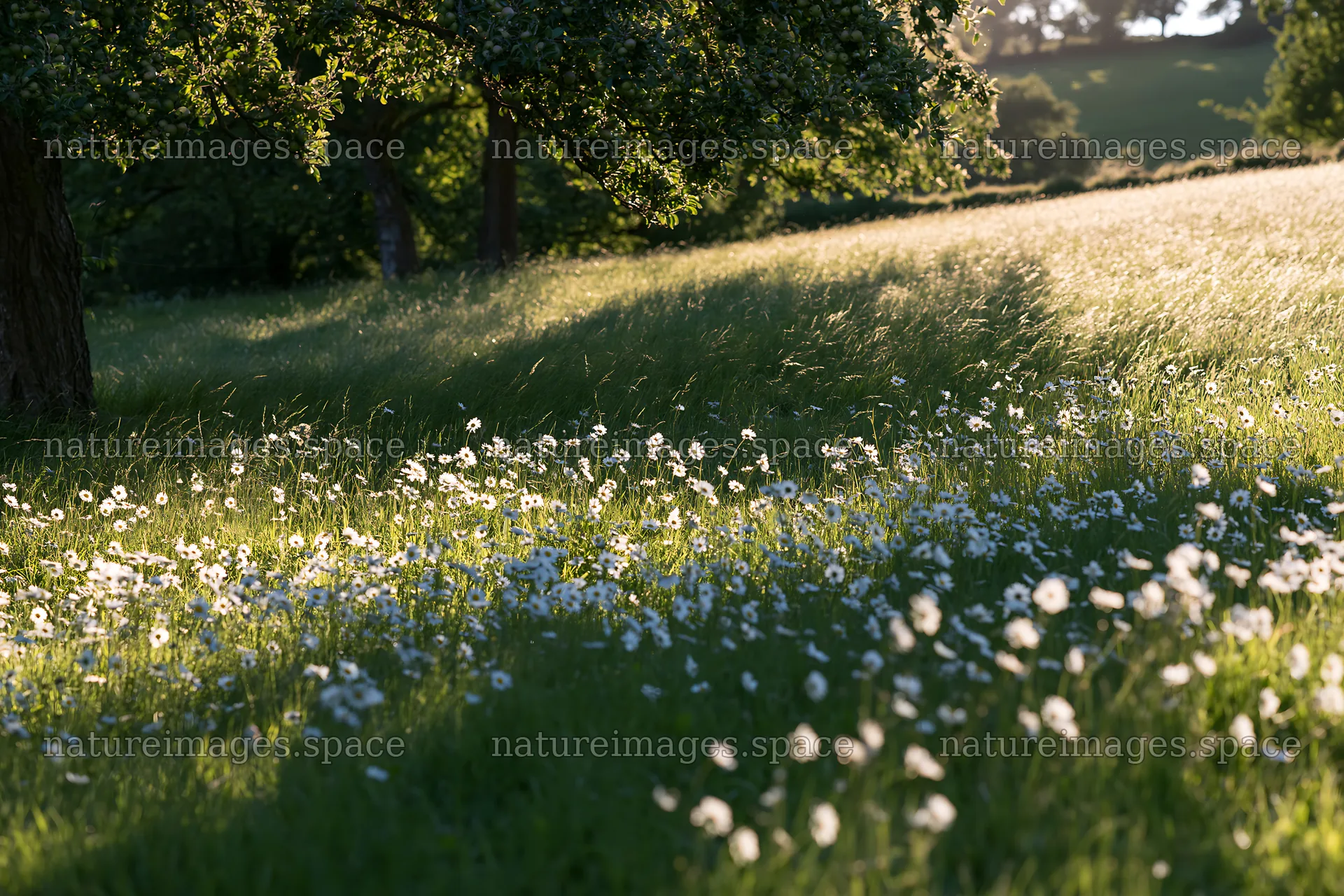 Meadow with daisies and apple trees in daylight – nature images 9722x6480