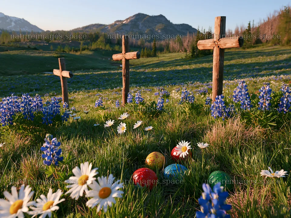 Christian crosses beside mineral spring meadow with flowers – nature images 9174x6866