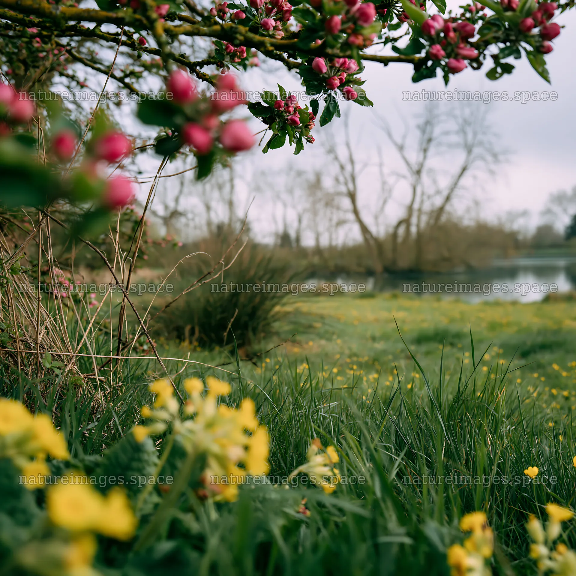Lakeside orchard meadow with blooming flowers and water – nature images 7938x7938