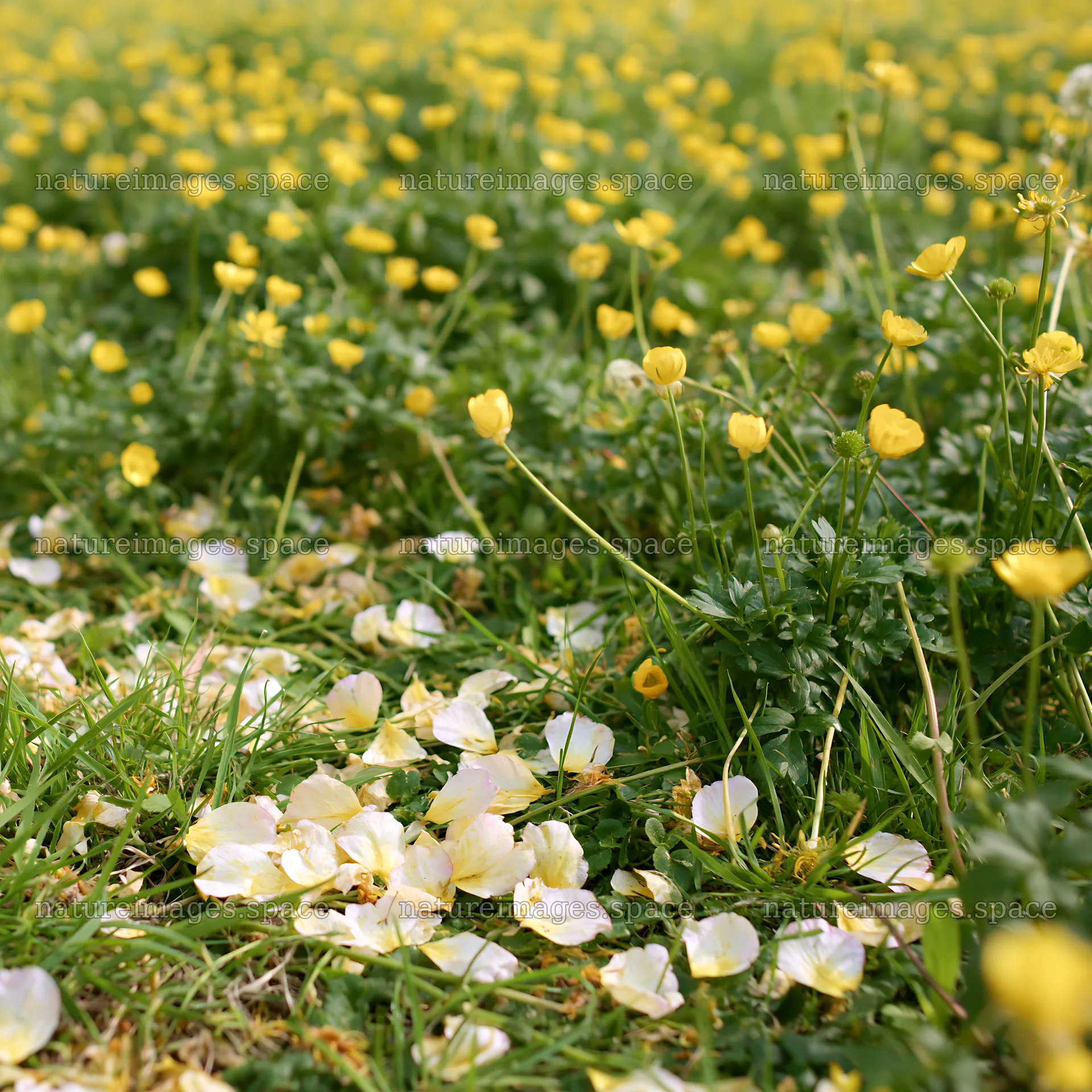 Fukuoka spring meadow with fallen blossoms and yellow flowers – nature images 7938x7938
