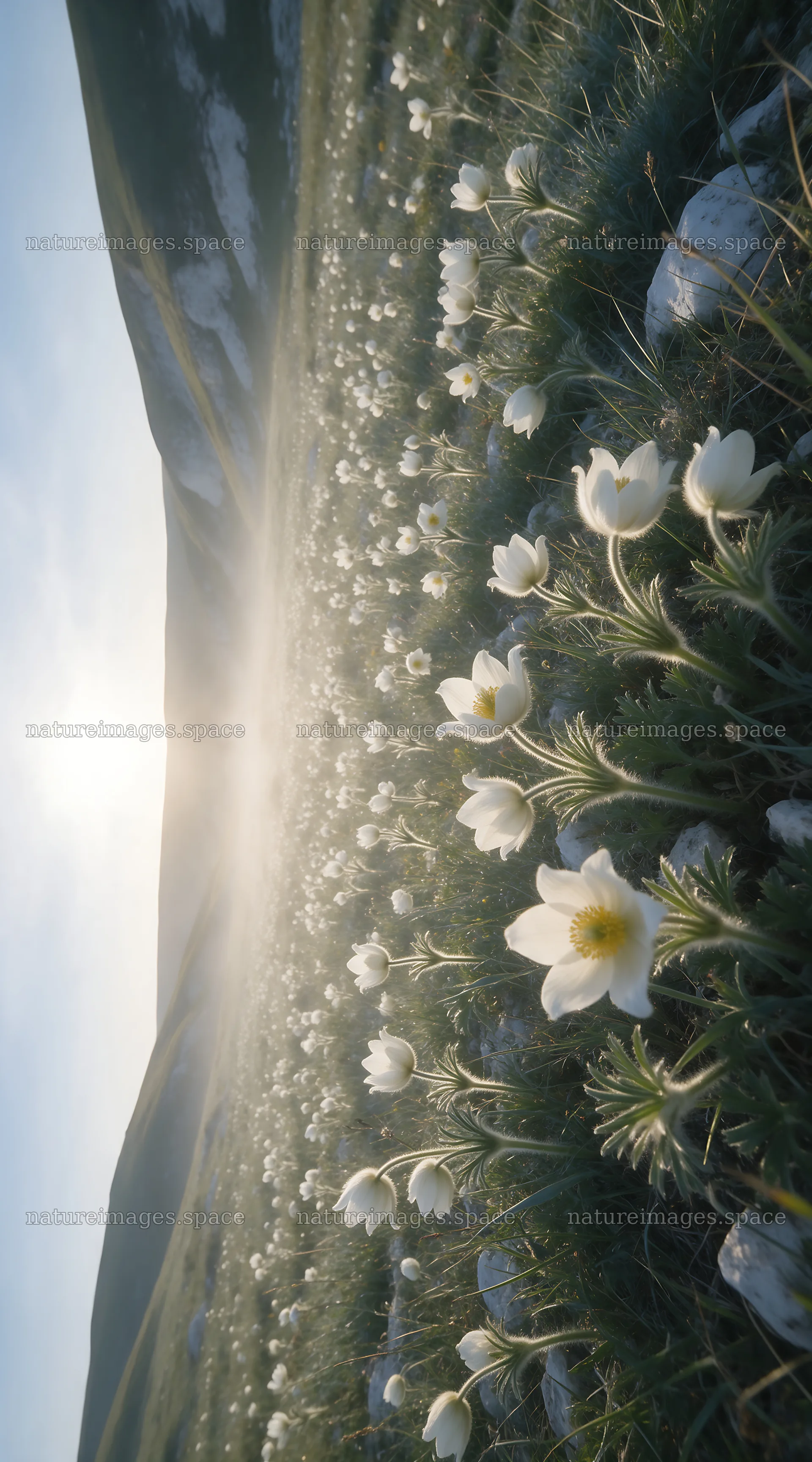 Sunny limestone meadow filled with white flowers – nature images 5916x10648