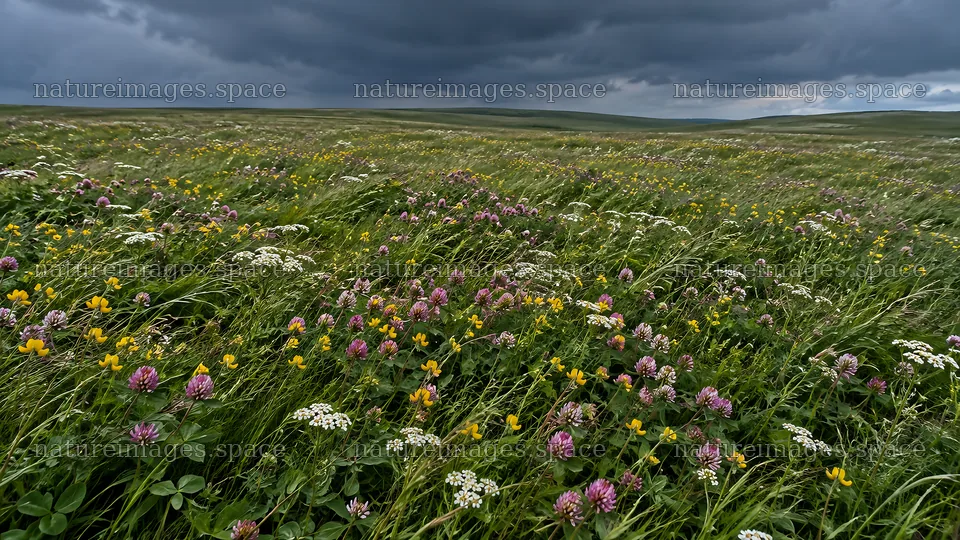 Wildflower Meadow Beneath Dark Storm Clouds – nature images 10324x5812