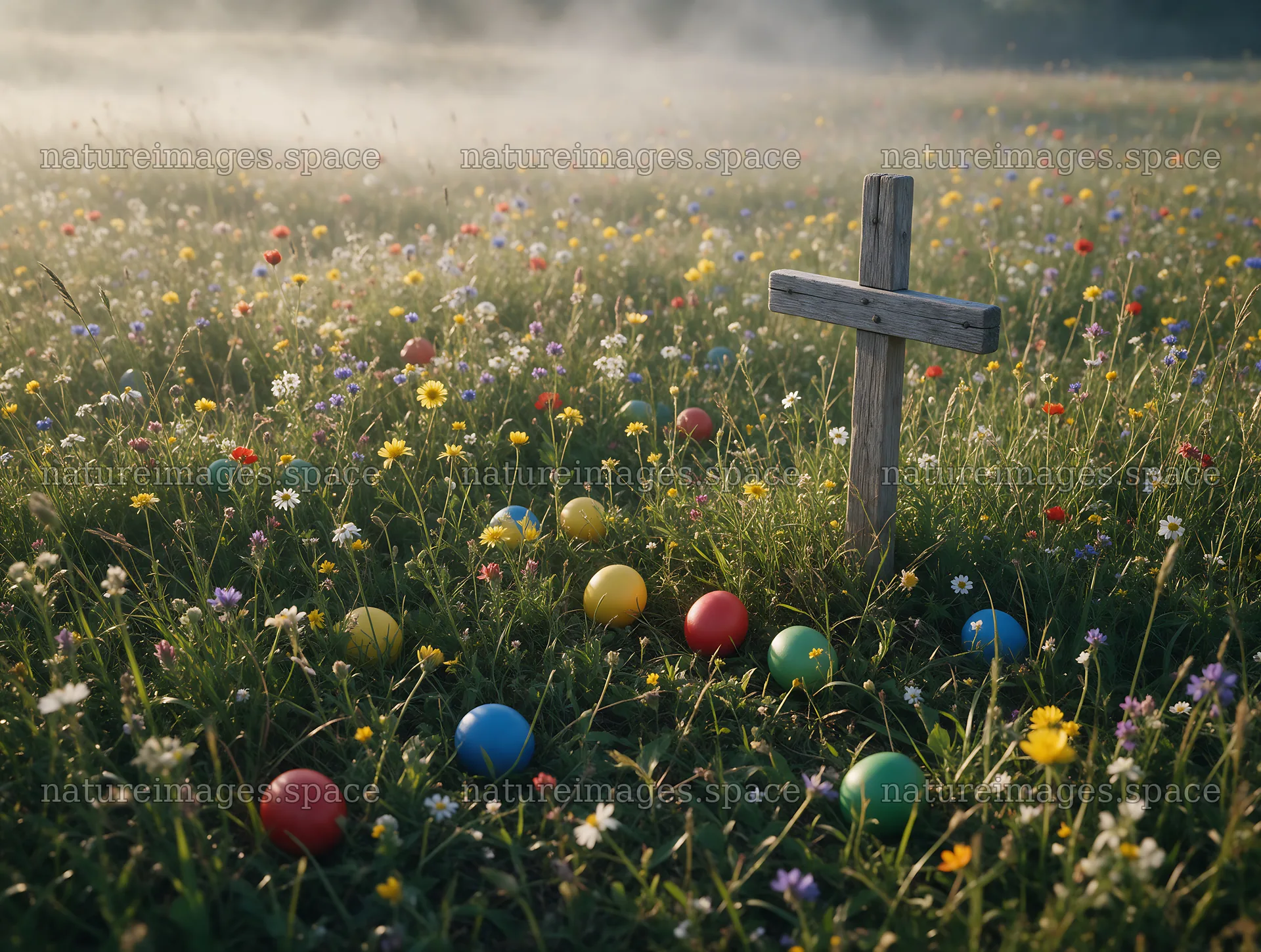 Weathered Christian cross in misty meadow with colorful balls – nature images 9134x6898