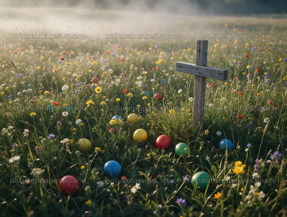 Weathered Christian cross in misty meadow with colorful balls – nature images 9134x6898