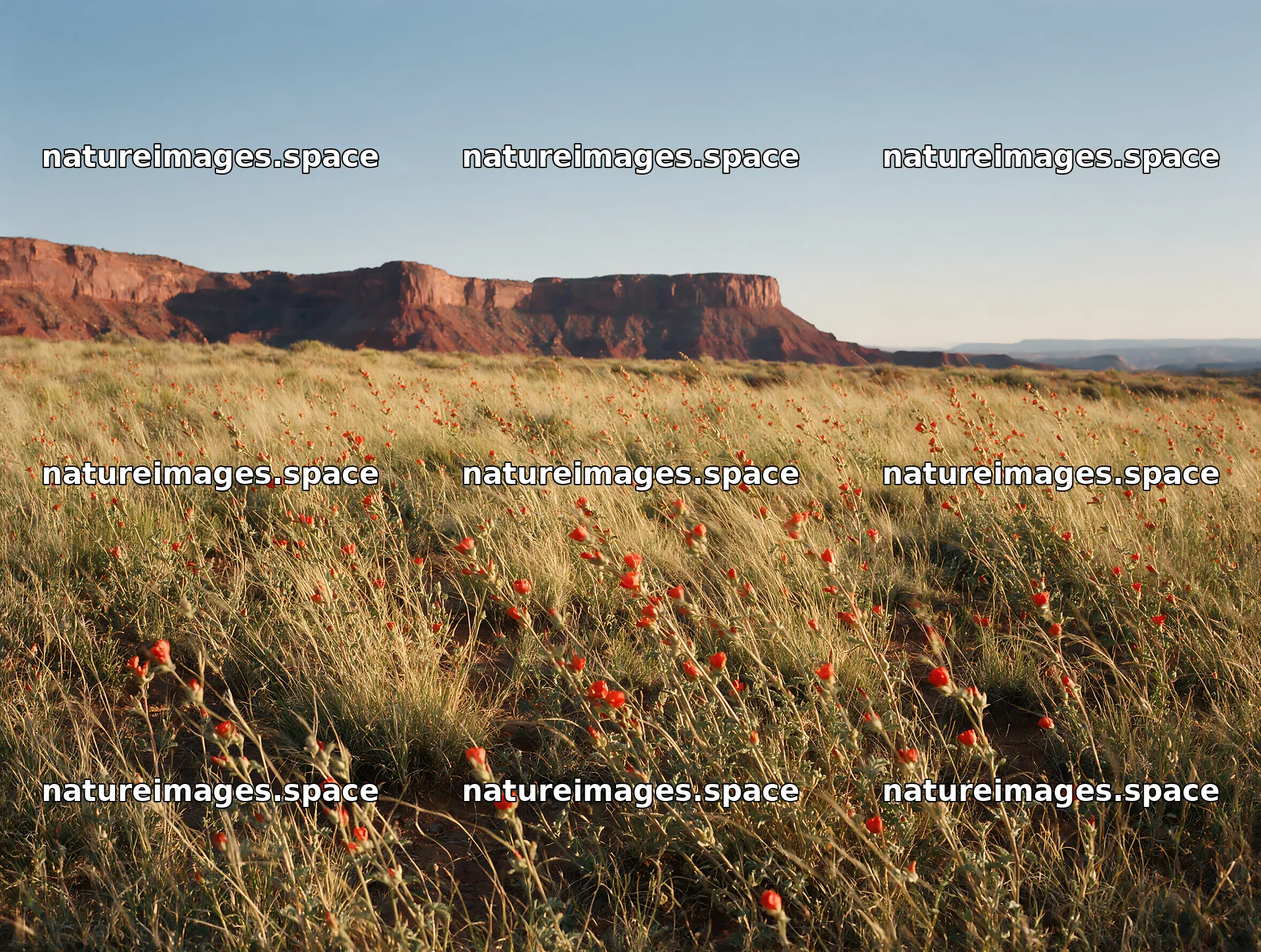 Drought-tolerant meadow with red flowers near rocky cliffs – nature images 9134x6898