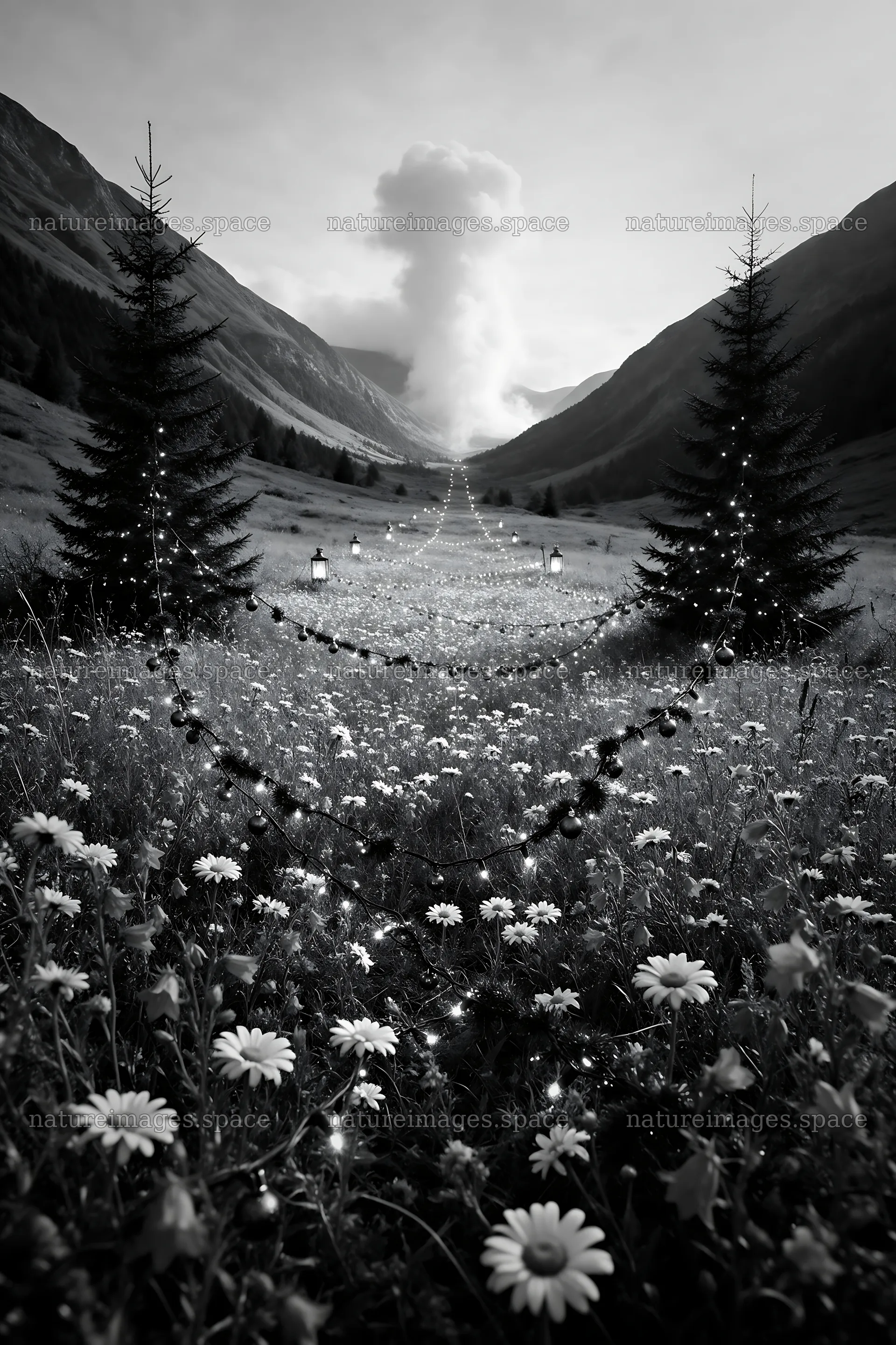 Christmas lights in a mountain valley meadow – nature images 6480x9722