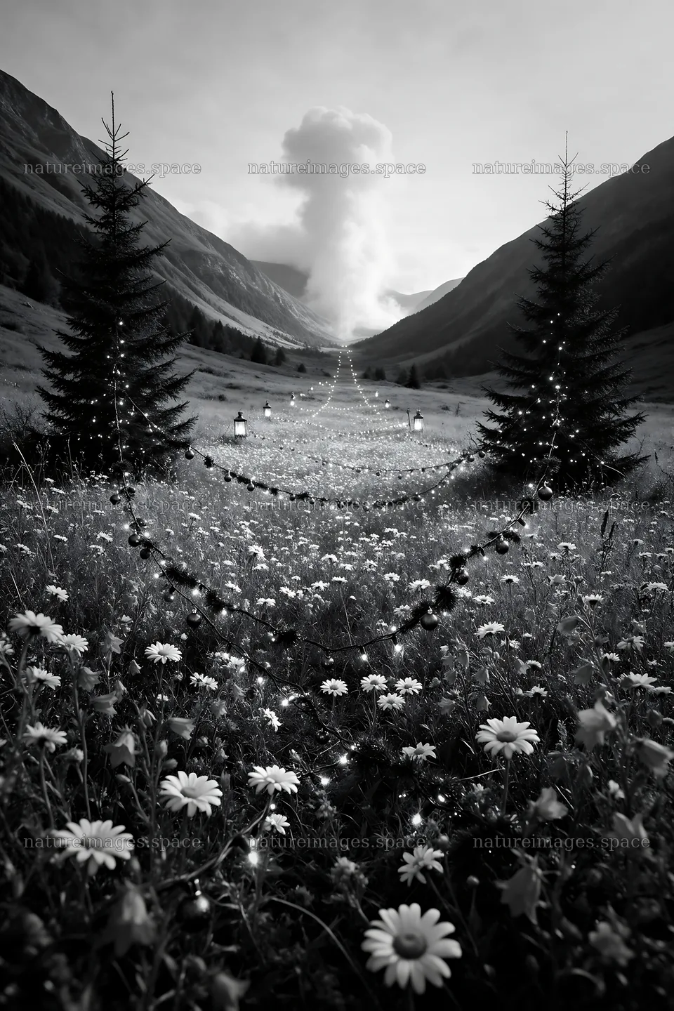 Christmas lights in a mountain valley meadow – nature images 6480x9722
