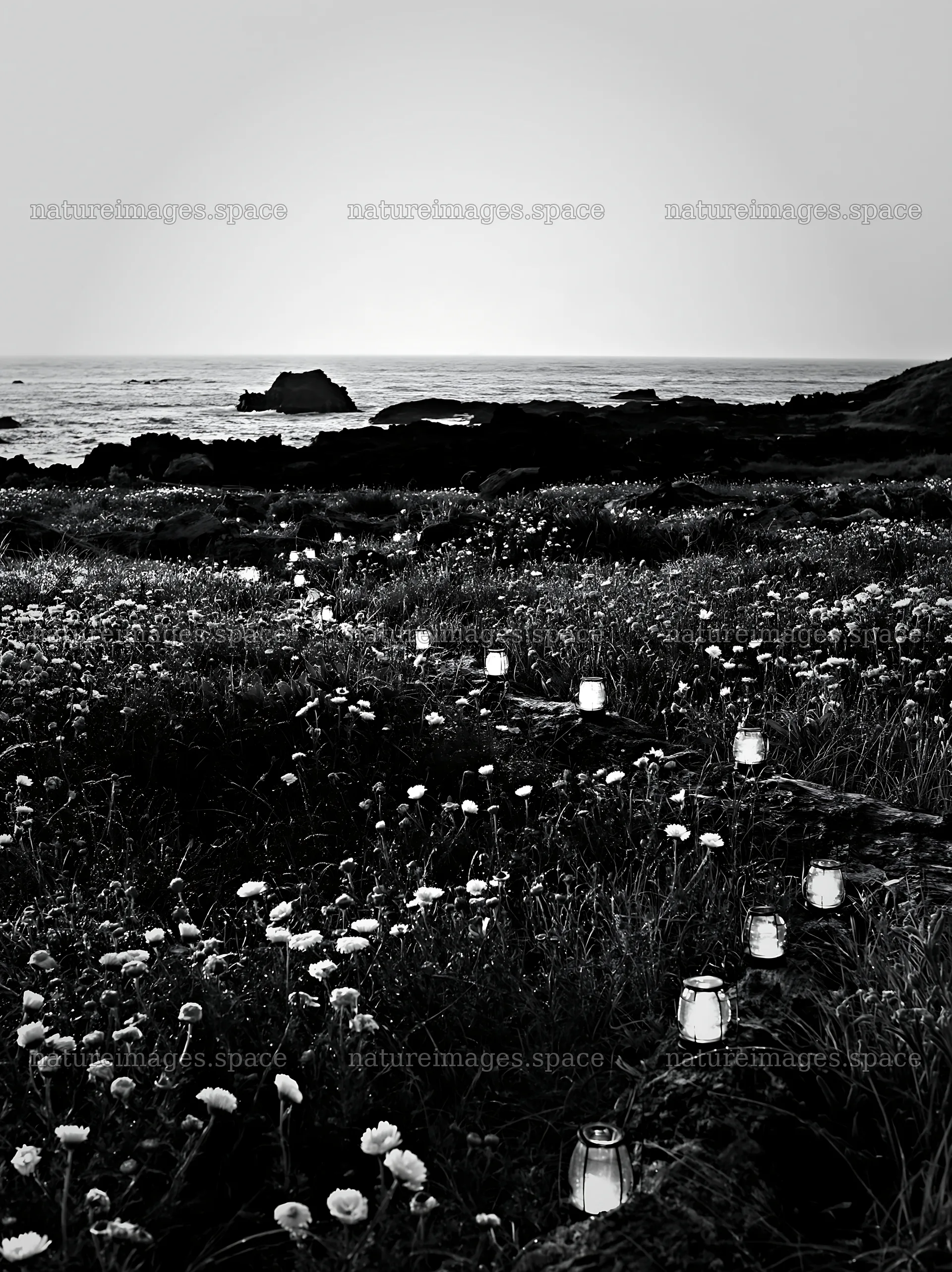 Expansive meadow with lights by the ocean at dusk – nature images 6866x9174