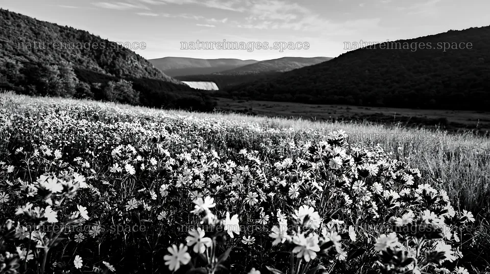 Summer wildflowers near waterfall in a meadow – nature images 10608x5938