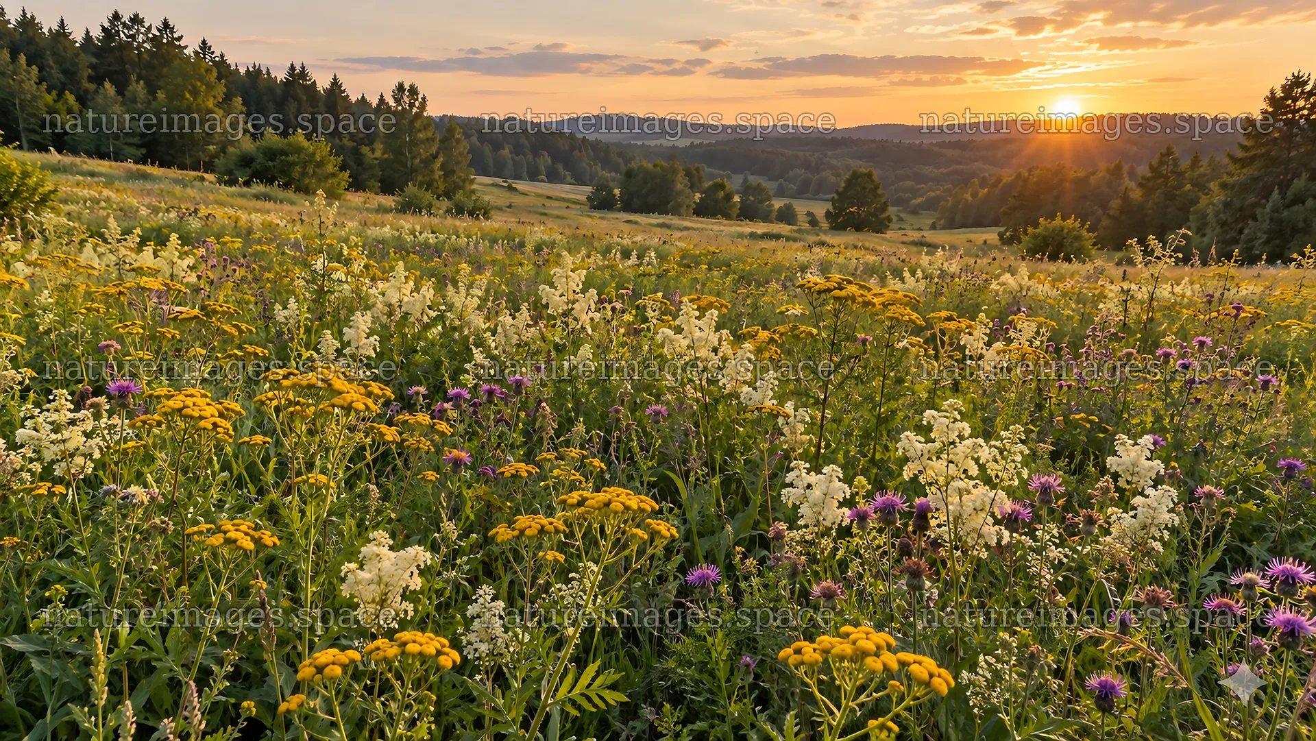 Wildflower Meadow at Sunset in a Woodland Clearing – nature images 10324x5812