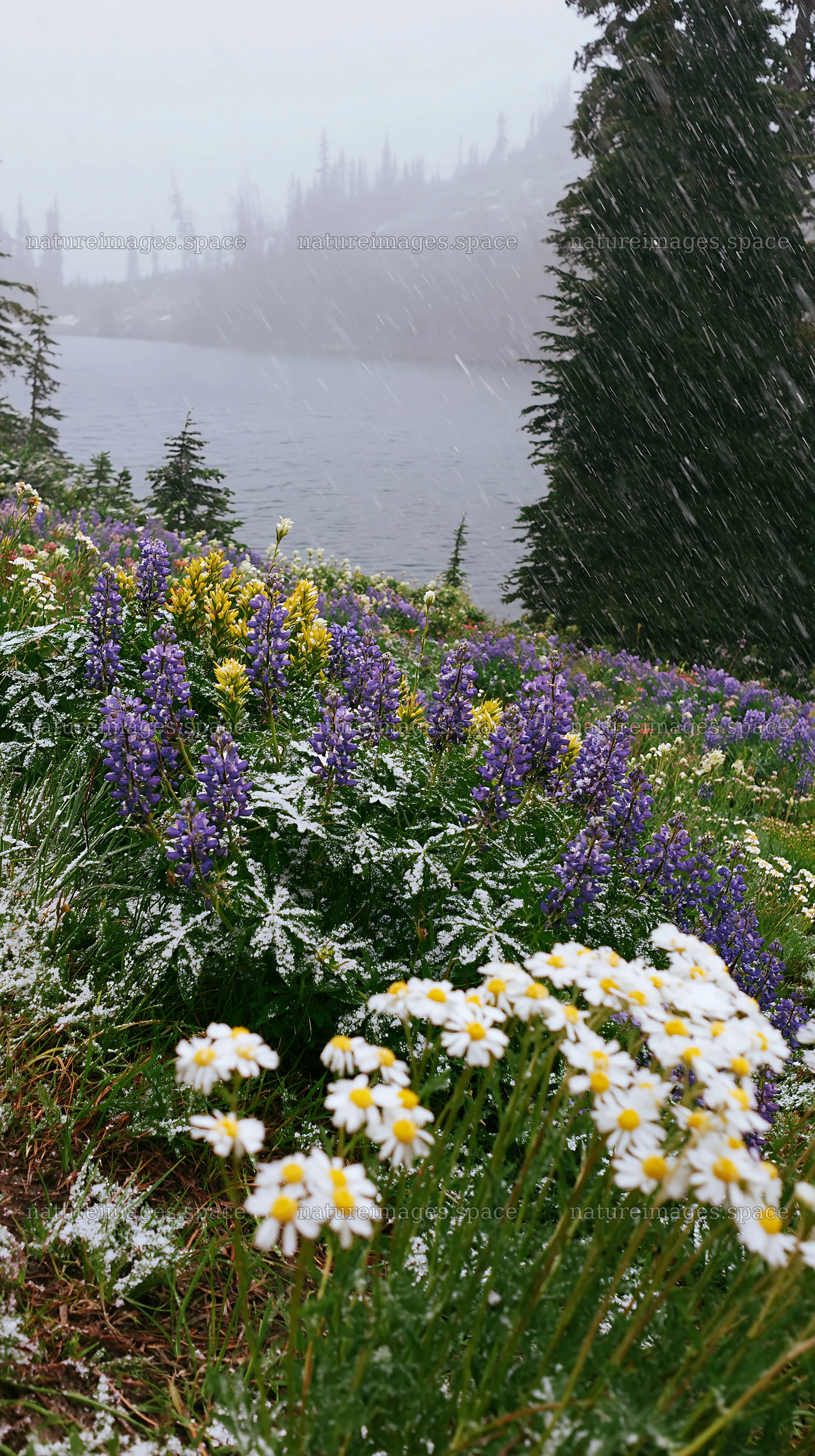 Snowy lakeside meadow with blooming flowers – nature images 5938x10608