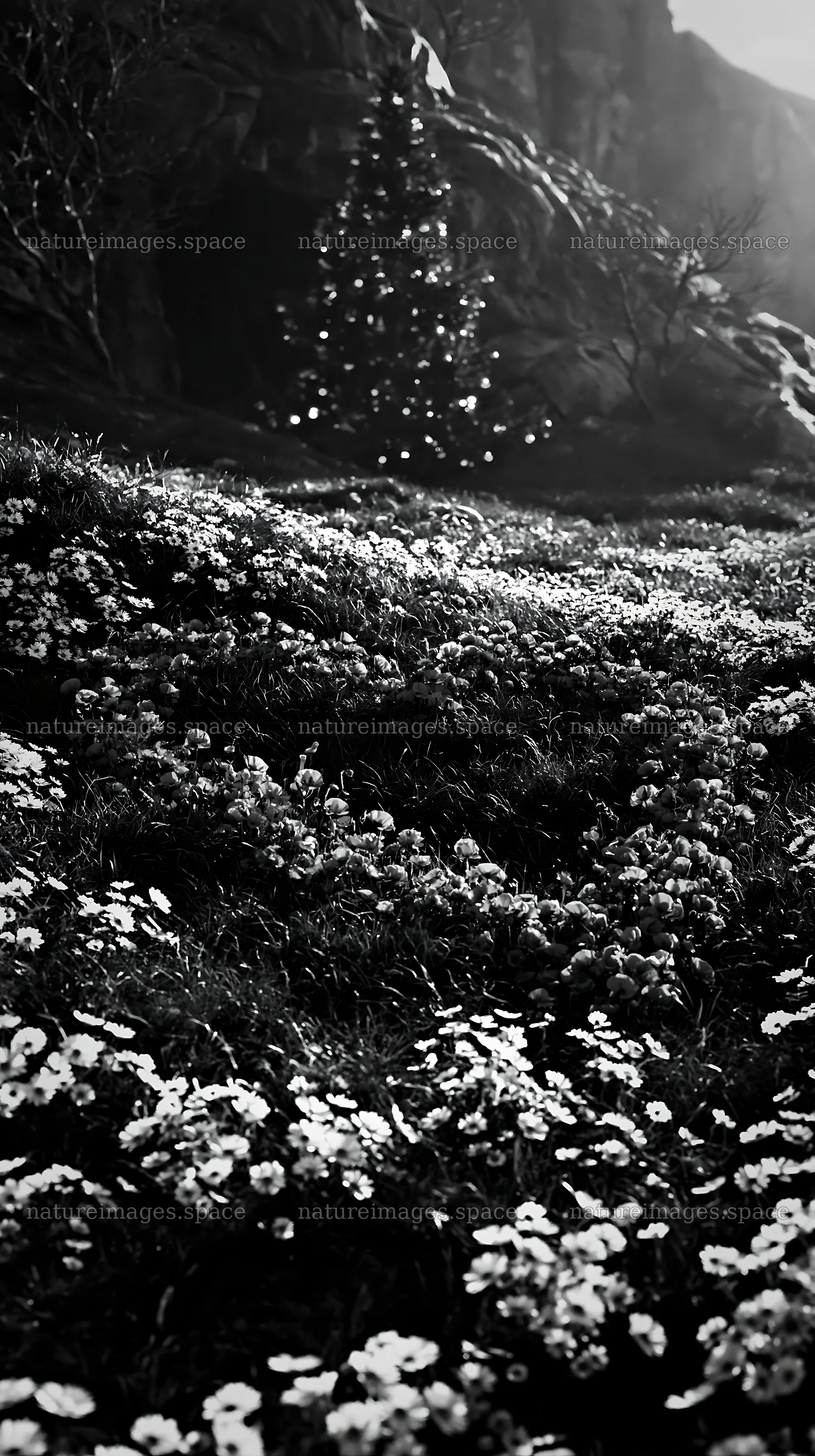 Christmas tree beside cave in meadow with flowers – nature images 5938x10608