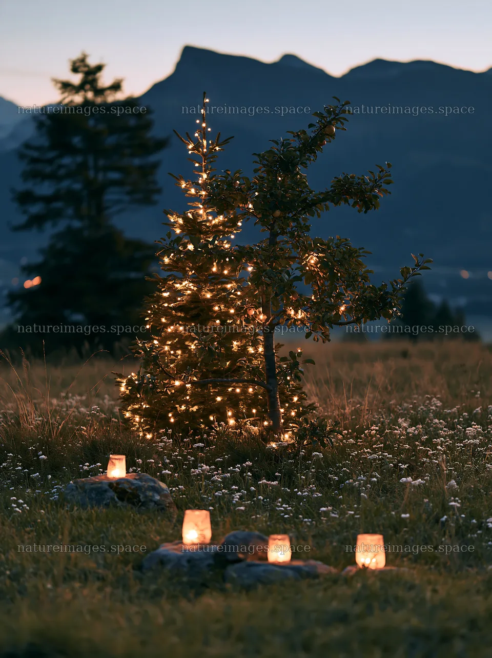 Frosted stones and lanterns by apple tree at Christmas – nature images 6866x9174
