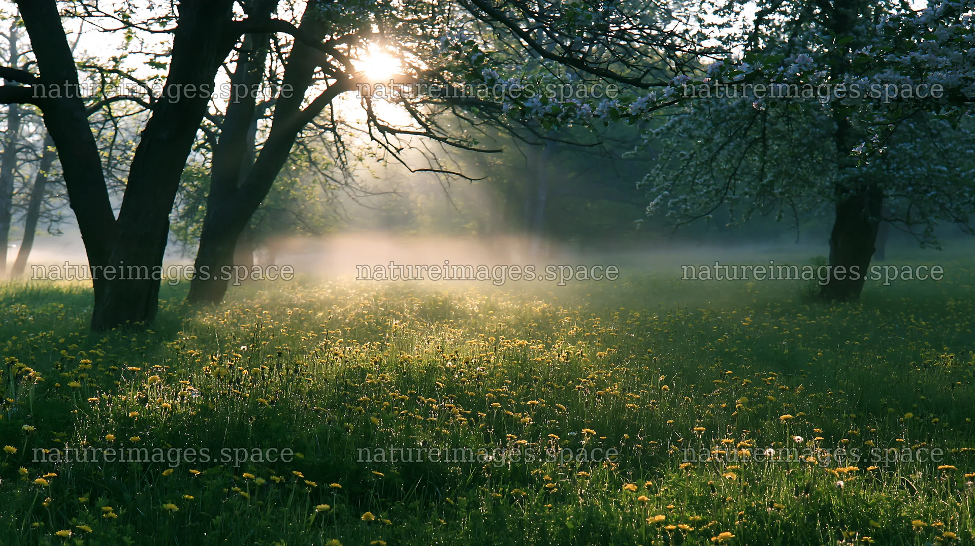 Dandelions in a misty meadow with trees at sunrise – nature images 10608x5938