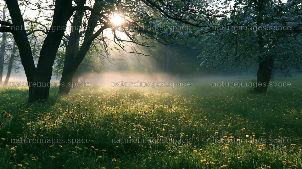 Dandelions in a misty meadow with trees at sunrise – nature images 10608x5938