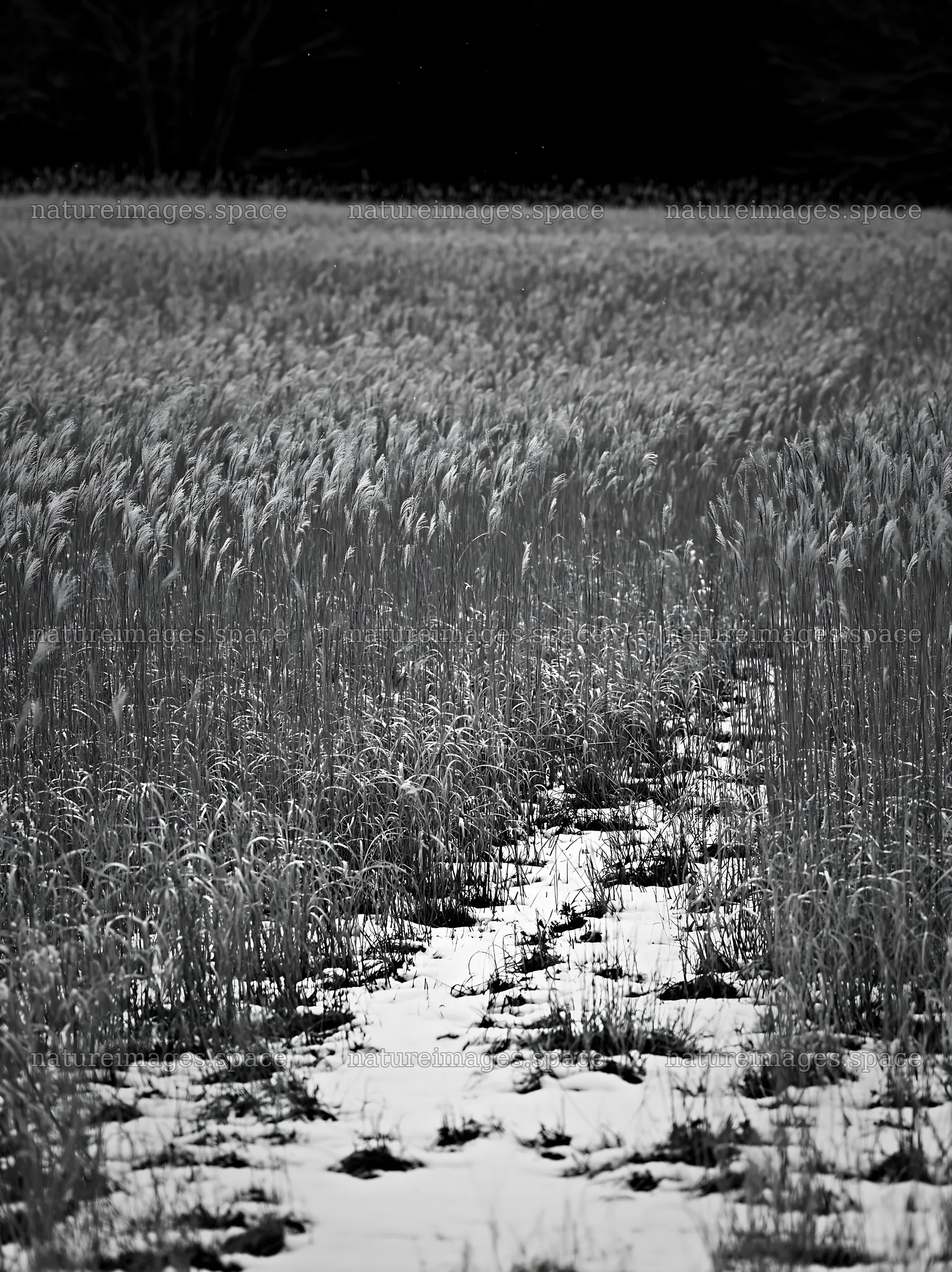 Meadow path through Hokkaido silver grass in black and white – nature images 6866x9174