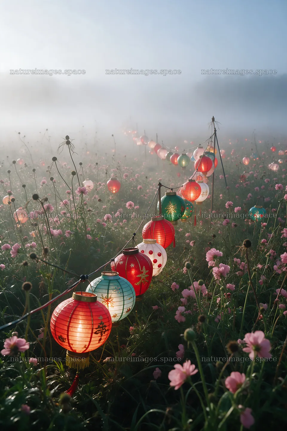 Vibrant Christmas lanterns in a winter meadow at dawn – nature images 6480x9722