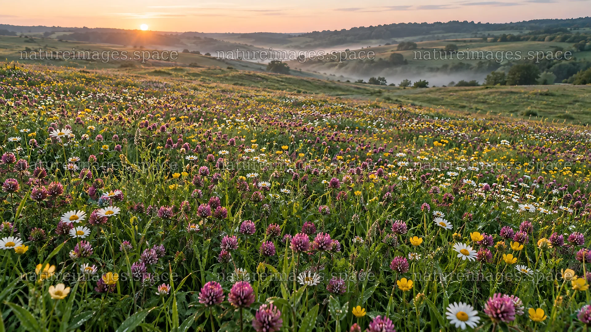 Low Sun over a Flower-Filled Rolling Meadow – nature images 10324x5812