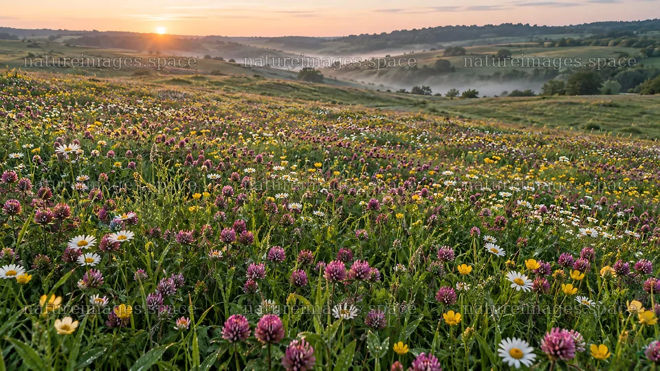 Low Sun over a Flower-Filled Rolling Meadow – nature images 10324x5812