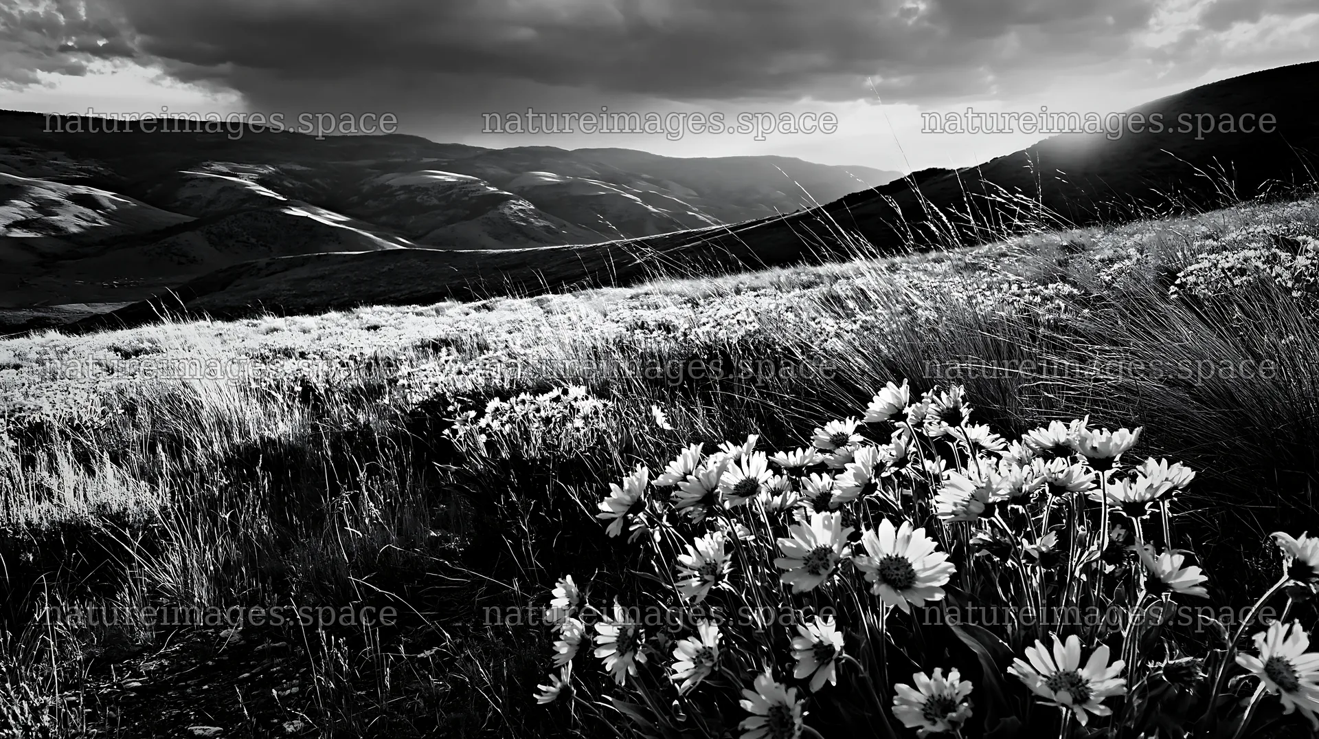 Climate-resilient meadow with flowers under a cloudy sky – nature images 10608x5938