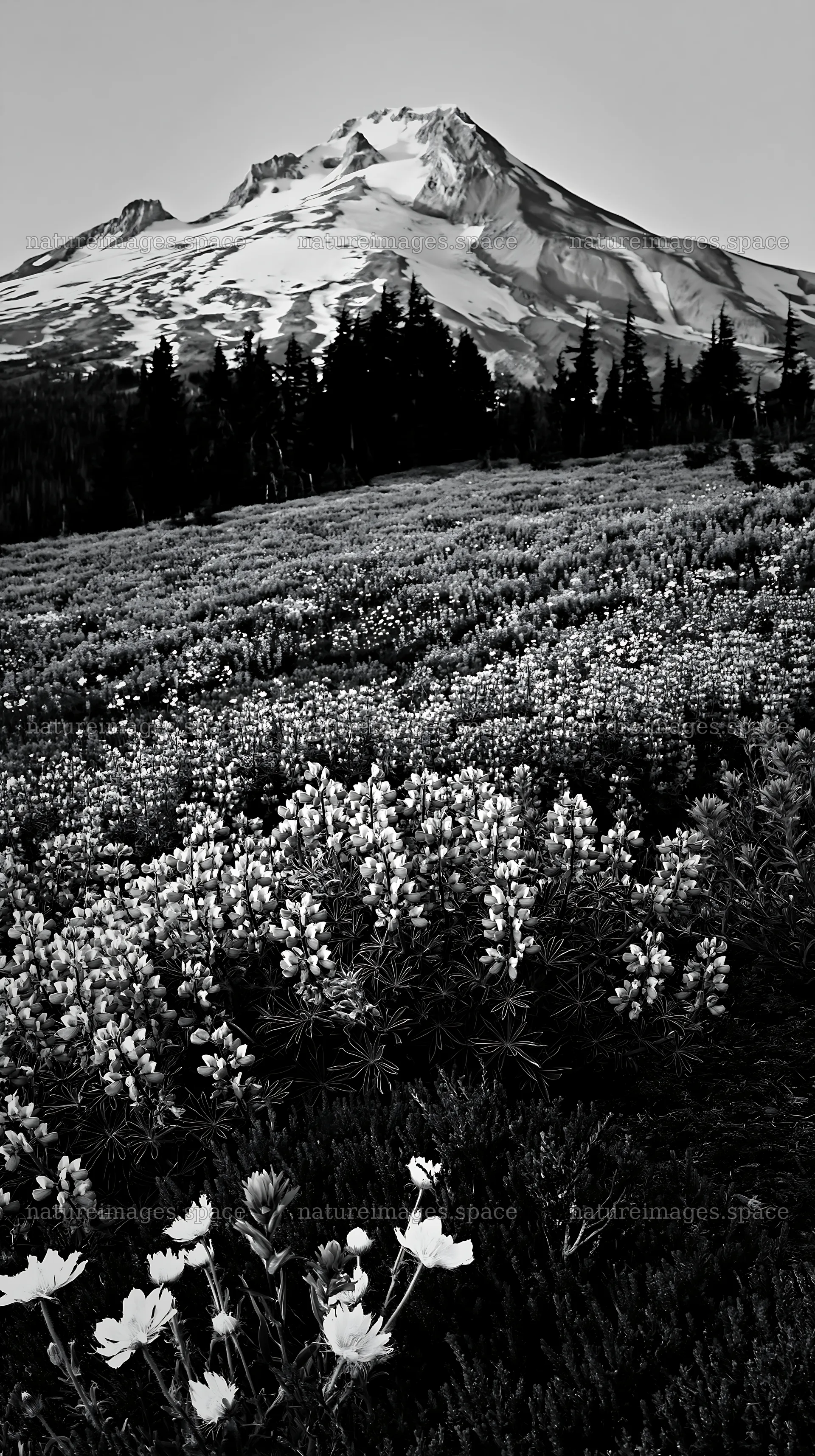 Colorful lupine meadow with mountain backdrop at sunset – nature images 5938x10608