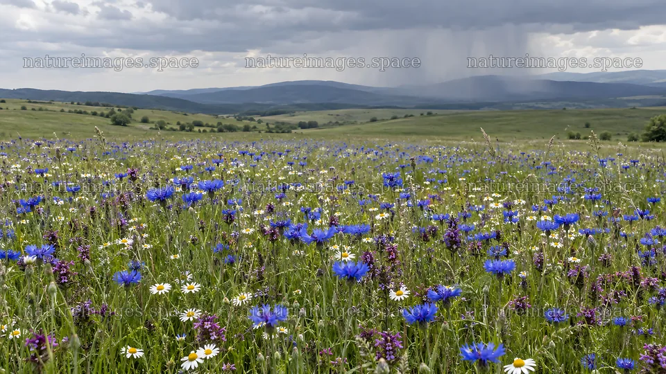 Wildflower Meadow Across Rolling Hills Under Rain Clouds – nature images 10324x5812