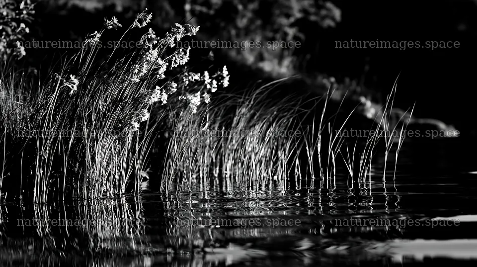 Sunlit lakeside meadow with flowers and tall grass – nature images 10608x5938