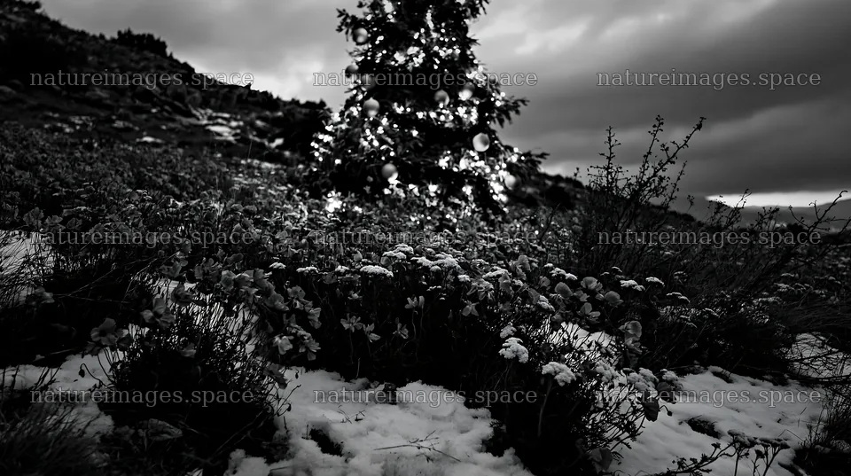 Christmas tree in mountain meadow after snowfall – nature images 10608x5938