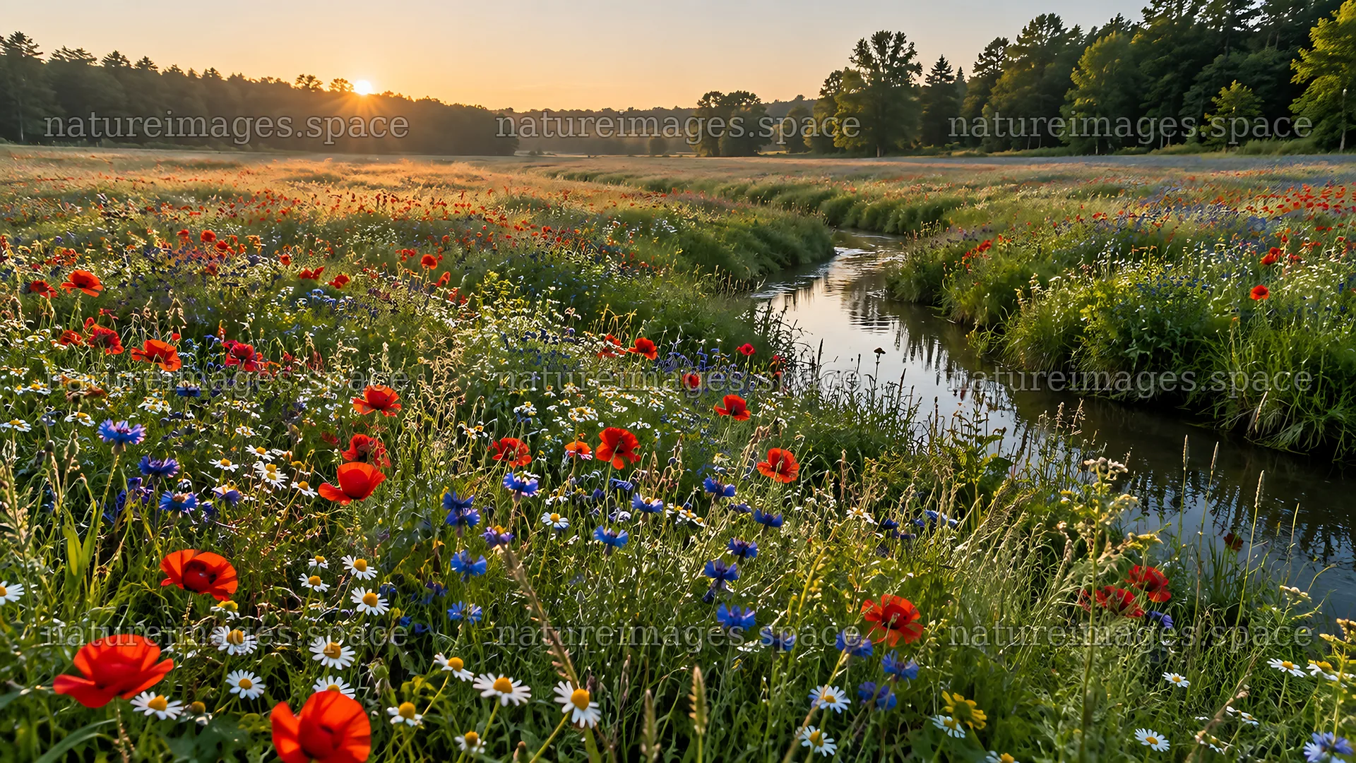 Rim-Lit Wildflower Meadow in a Forest Clearing – nature images 10324x5812