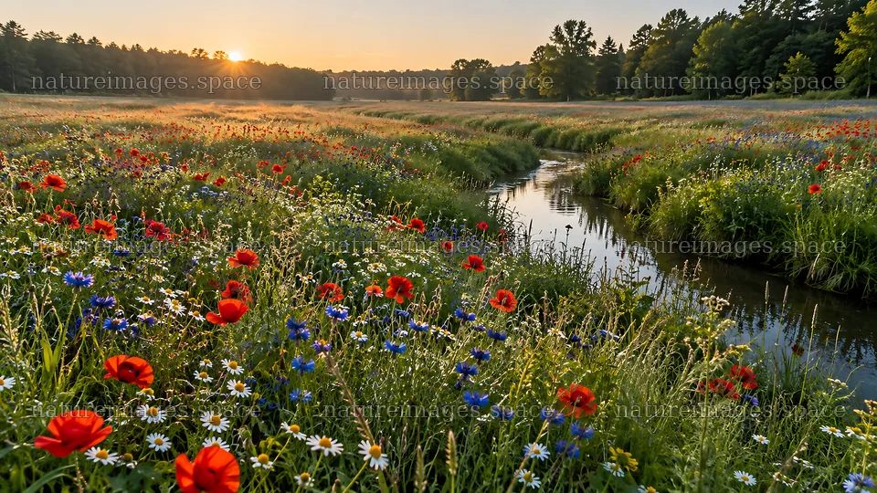 Rim-Lit Wildflower Meadow in a Forest Clearing – nature images 10324x5812