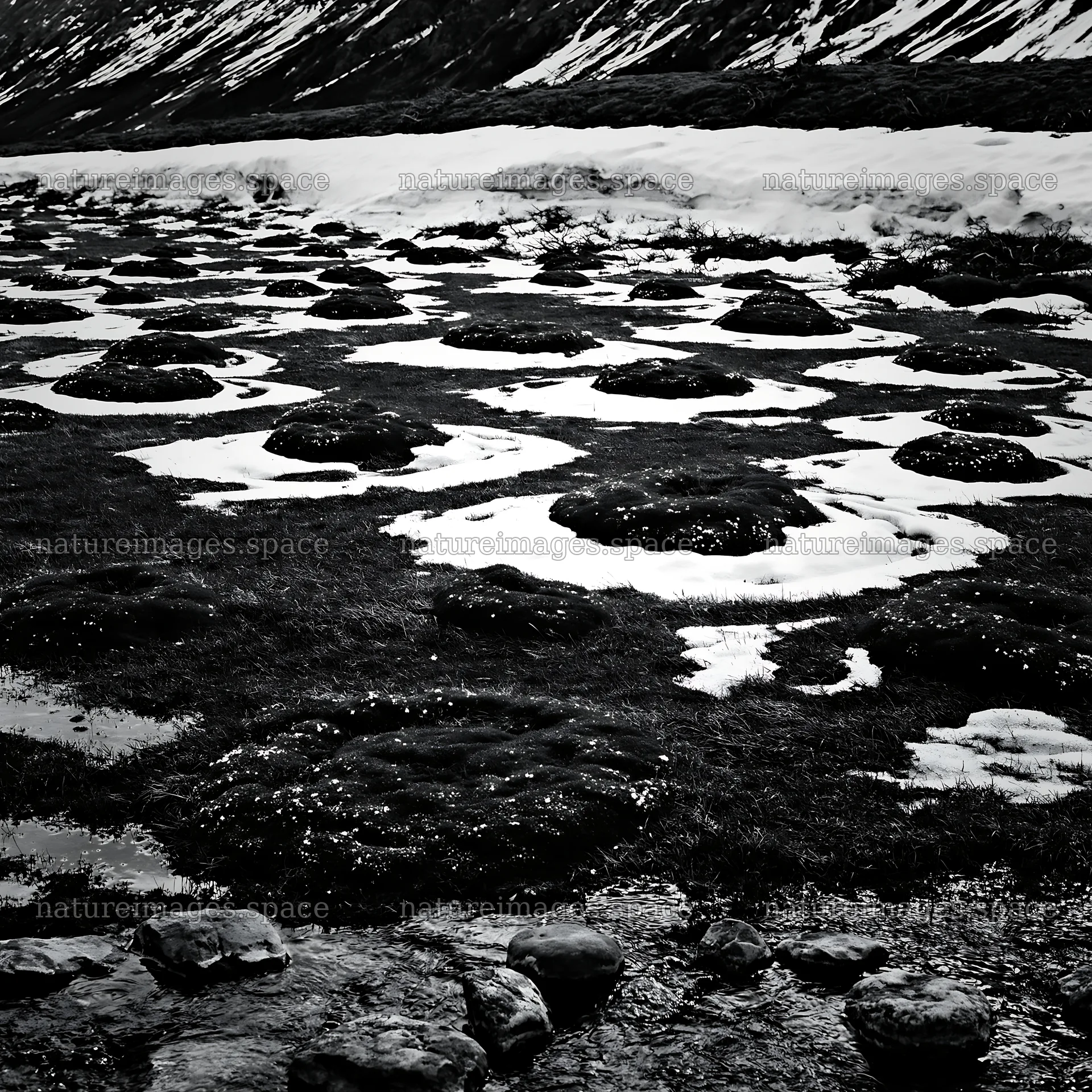 Torres del Paine meadow snow with green patches and water – nature images 7938x7938