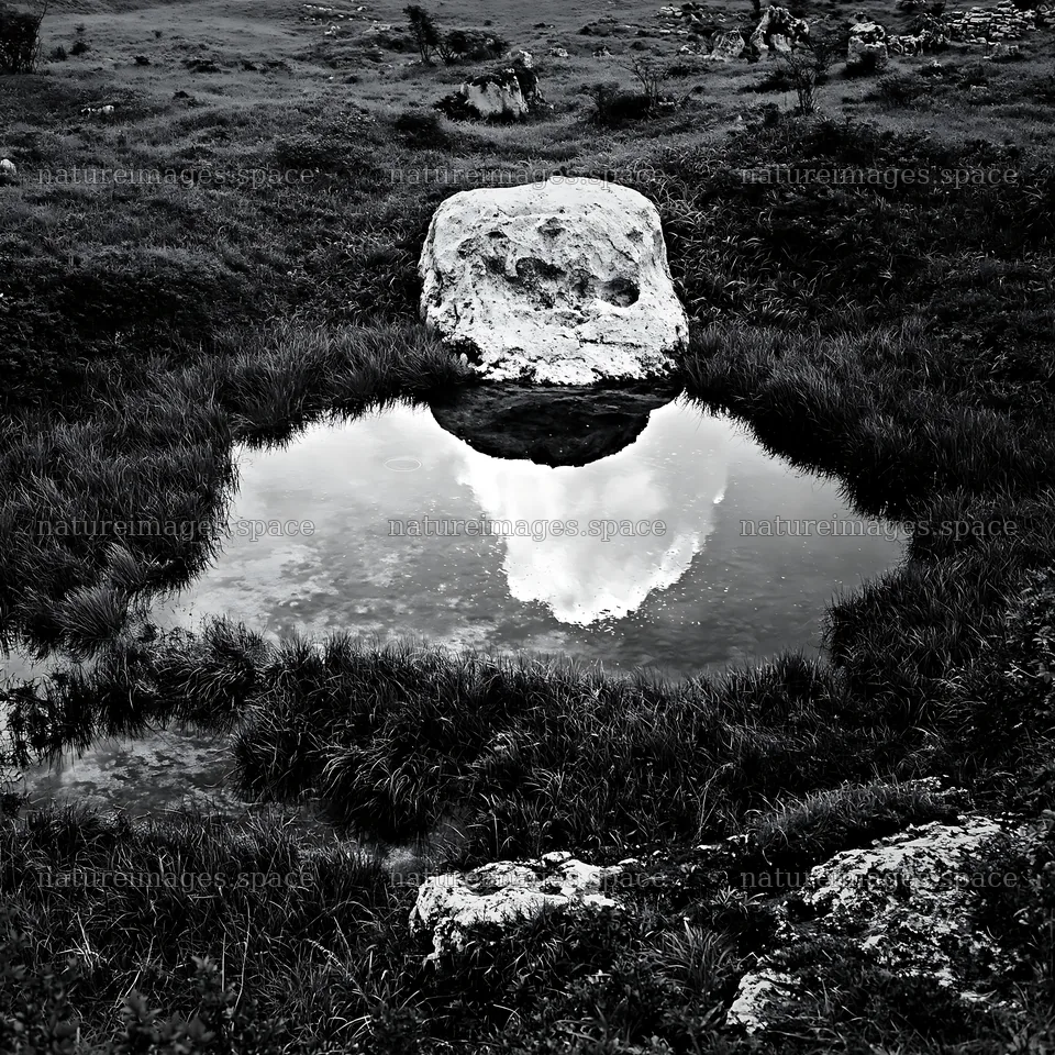 Yamaguchi limestone meadow with boulder beside a reflective pool – nature images 7938x7938