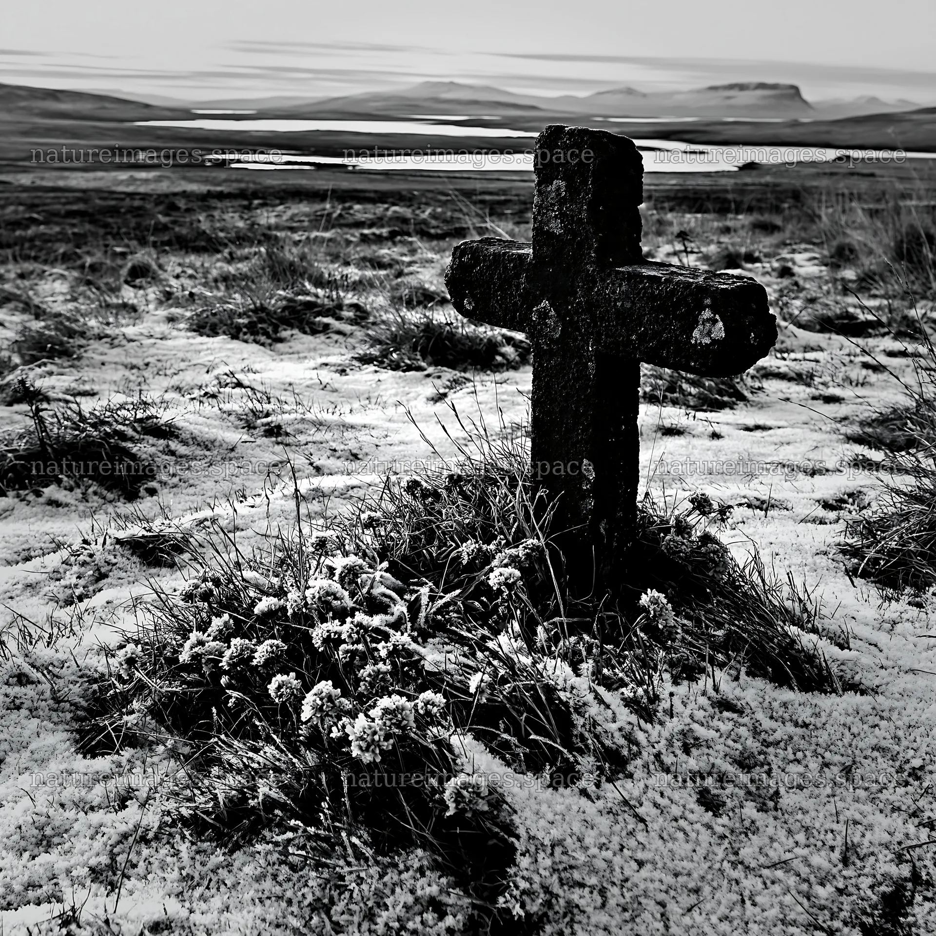 Stone Christian cross in snowy meadow with distant hills – nature images 7938x7938