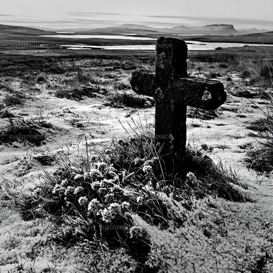 Stone Christian cross in snowy meadow with distant hills – nature images 7938x7938